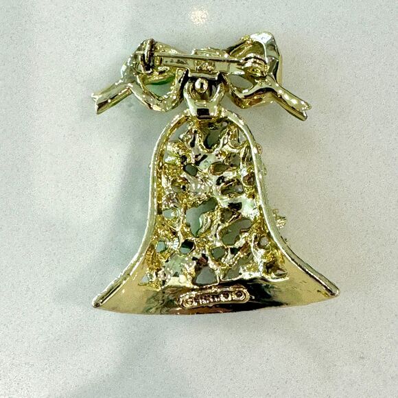 Vintage Gerry's Holiday Christmas Enamel Bell Pin Brooch w Bow 2" Long - Picture 11 of 12